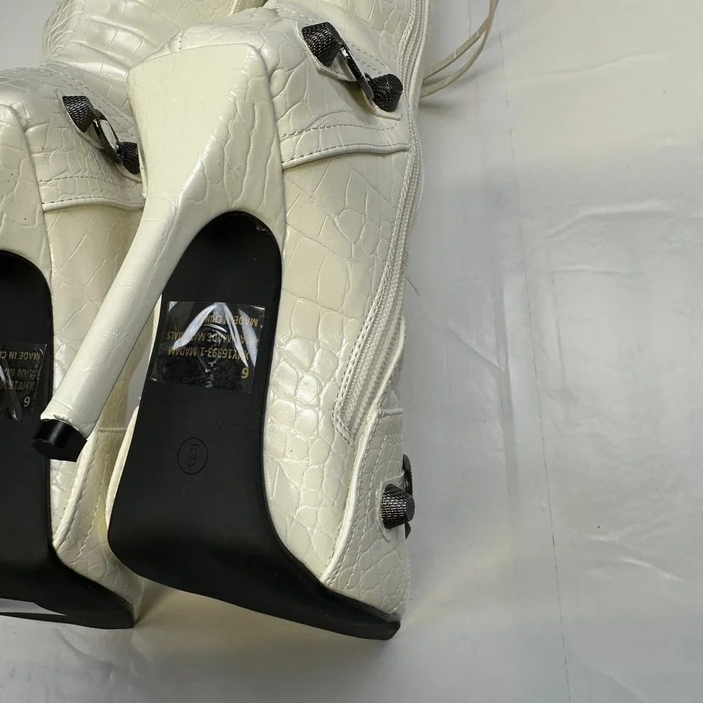 Fashion Nova Knee High Boots Croc Embossed White Stiletto Size 6 - Picture 5 of 13